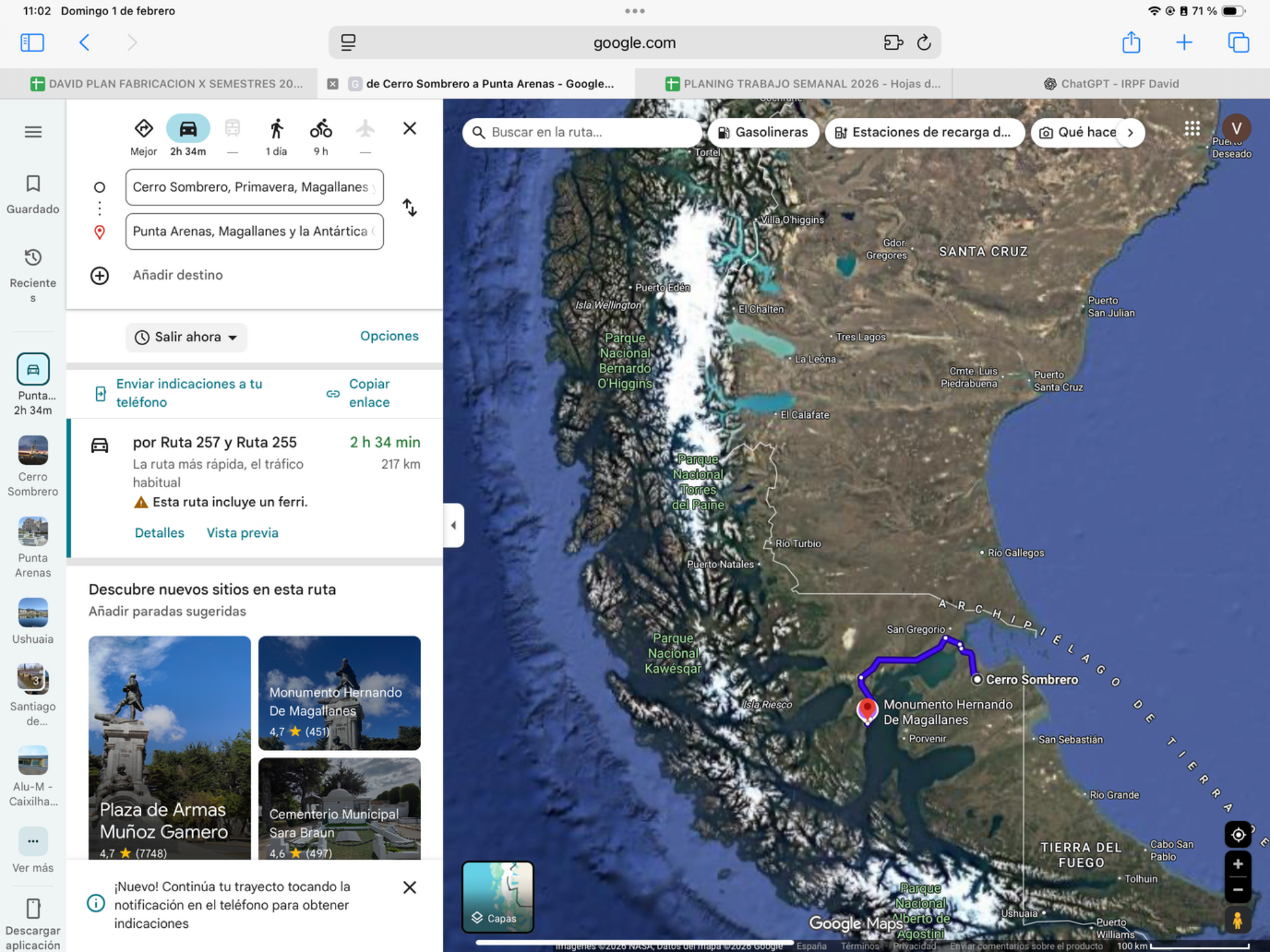Cerro Sombrero → Punta Arenas — original route map