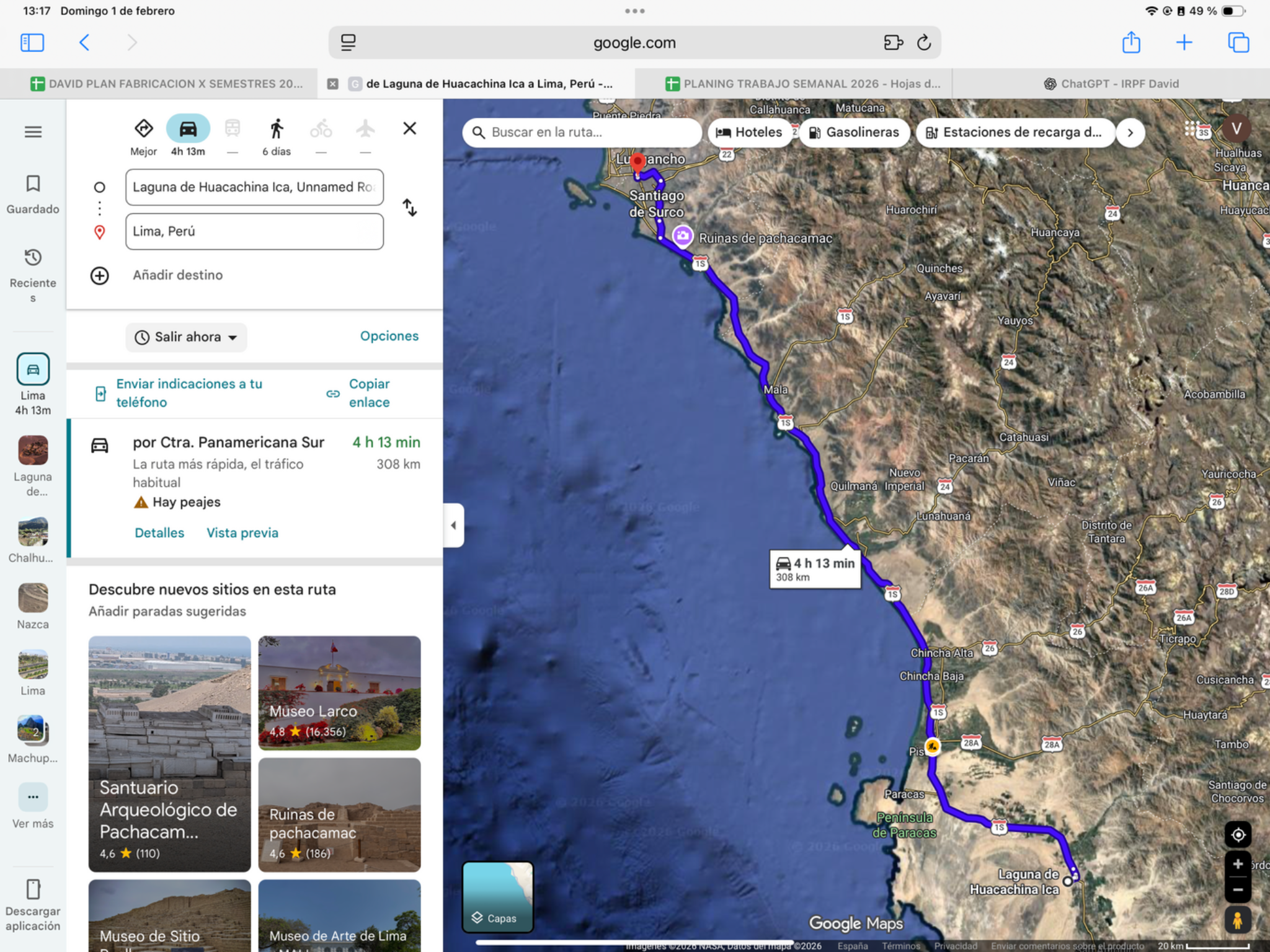 Huacachina → Lima — original route map