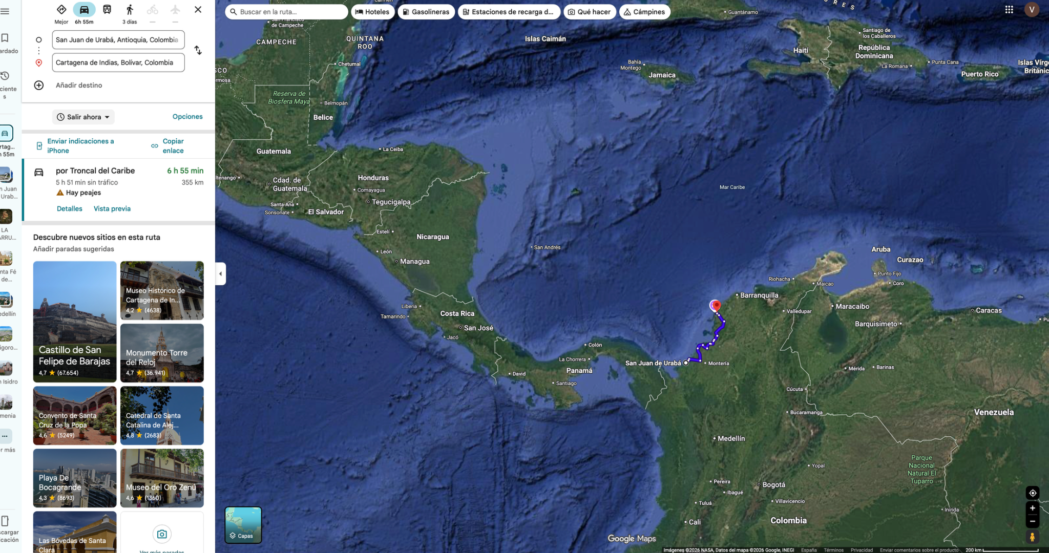 San Juan de Urabá → Cartagena — original route map